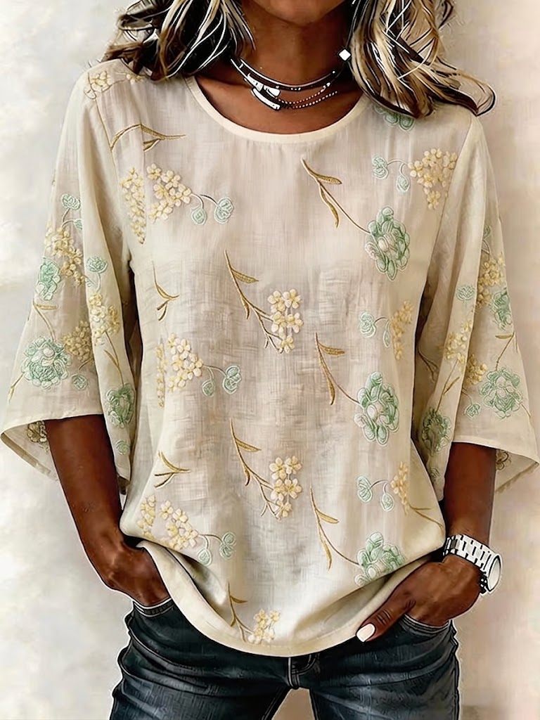 Women's Half Sleeve Blouse Summer Apricot Floral Printing Crew Neck Daily Going Out Vintage Top