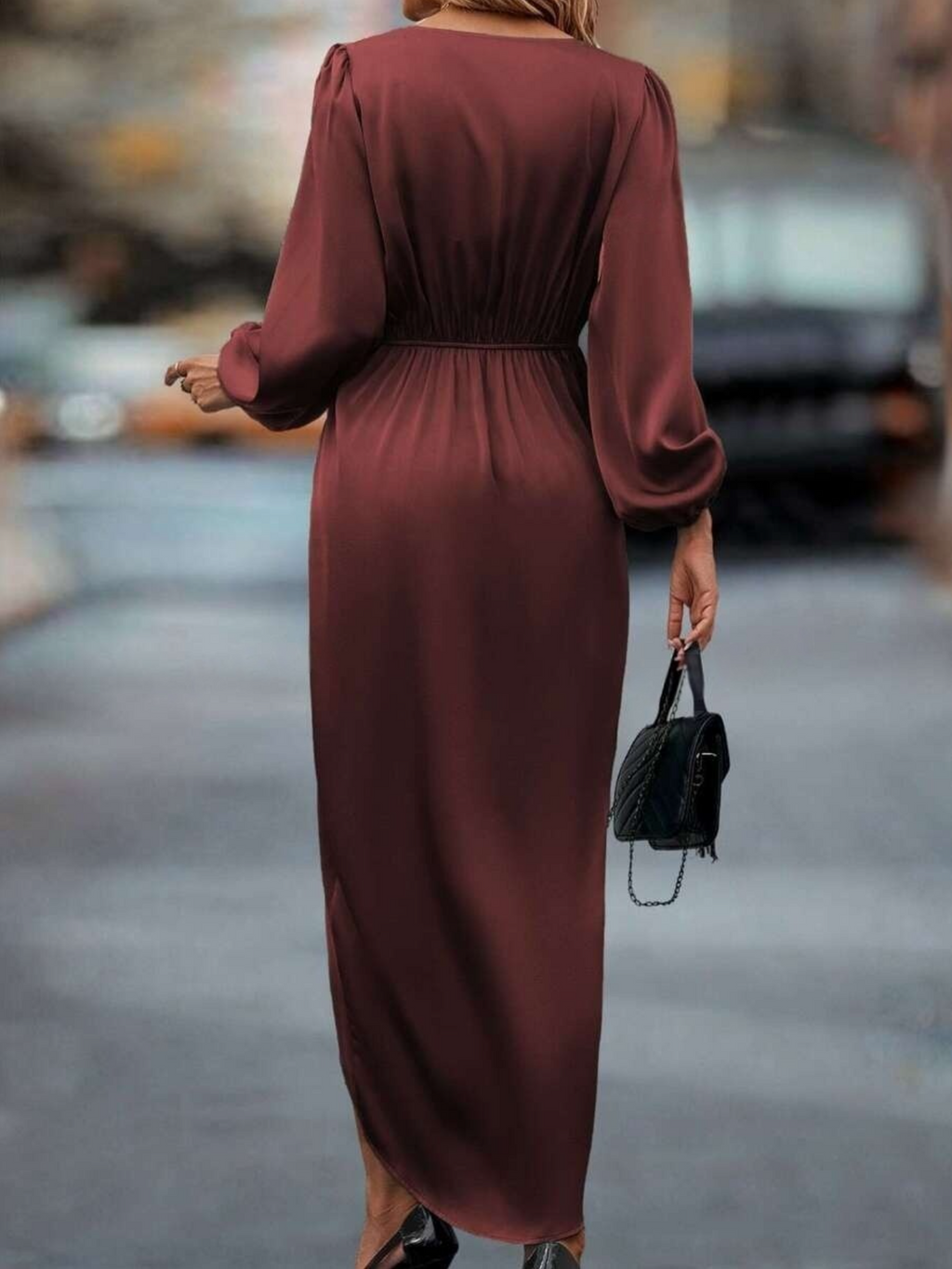 Stain Plain V Neck Long Sleeve Elegant Irregular Maxi Dress