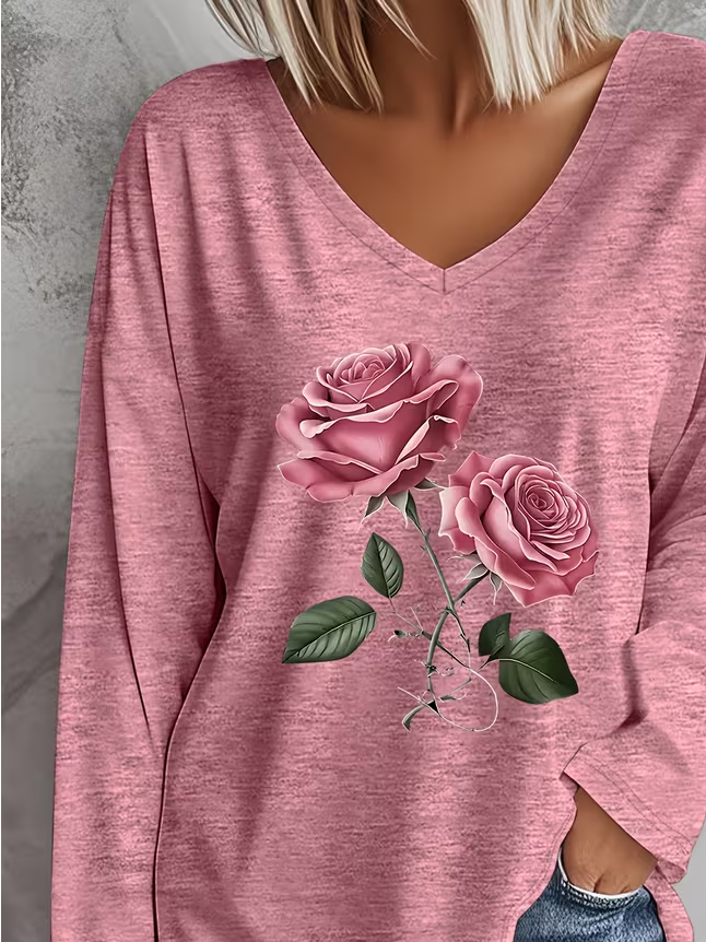 Women's Long Sleeve T-shirt Spring/Fall Pink Floral Printing Jersey V Neck Daily Going Out Casual Top
