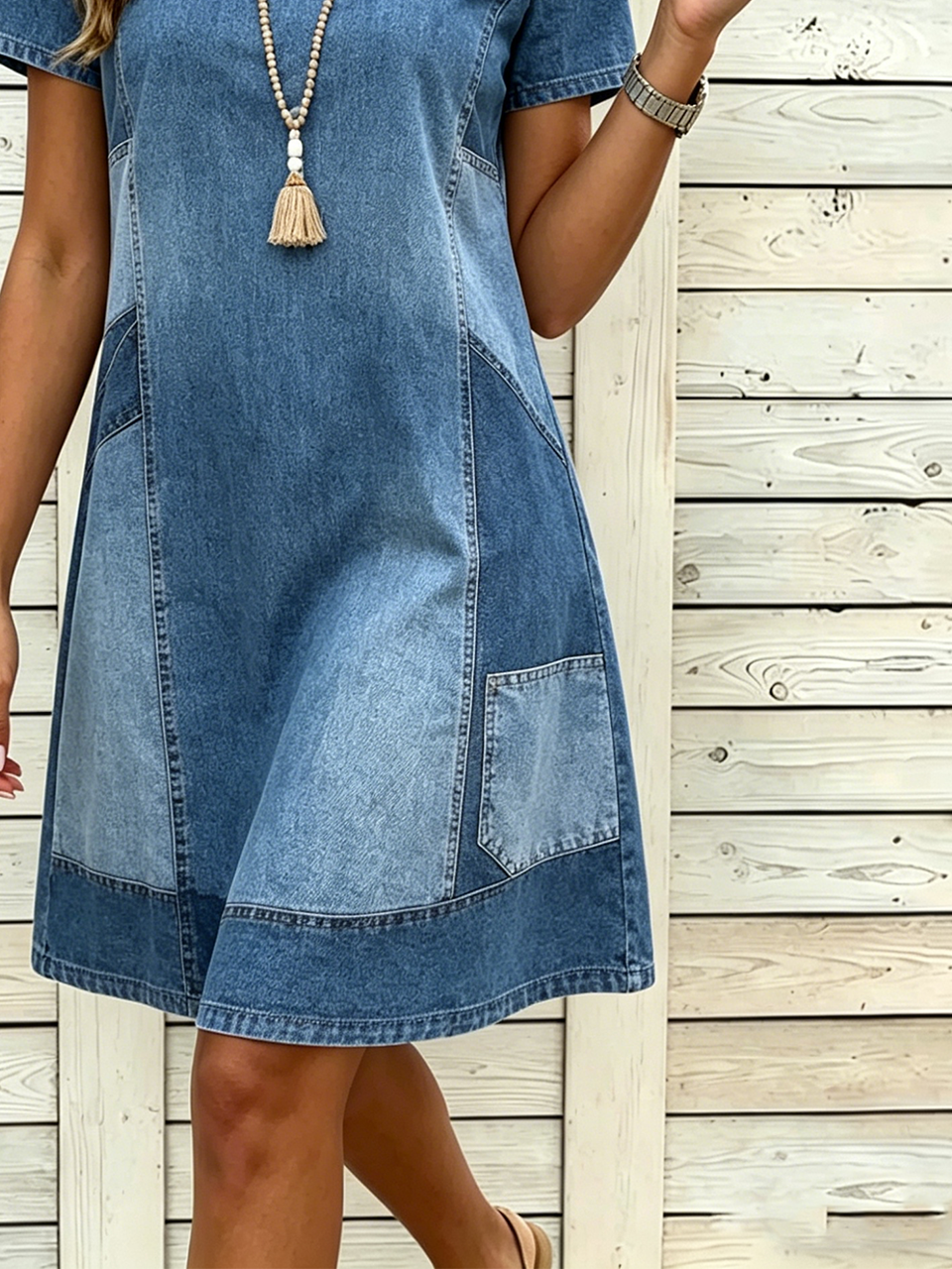 Vintage Jersey Faux Denim Print Graphic Crew Neck Dress With No