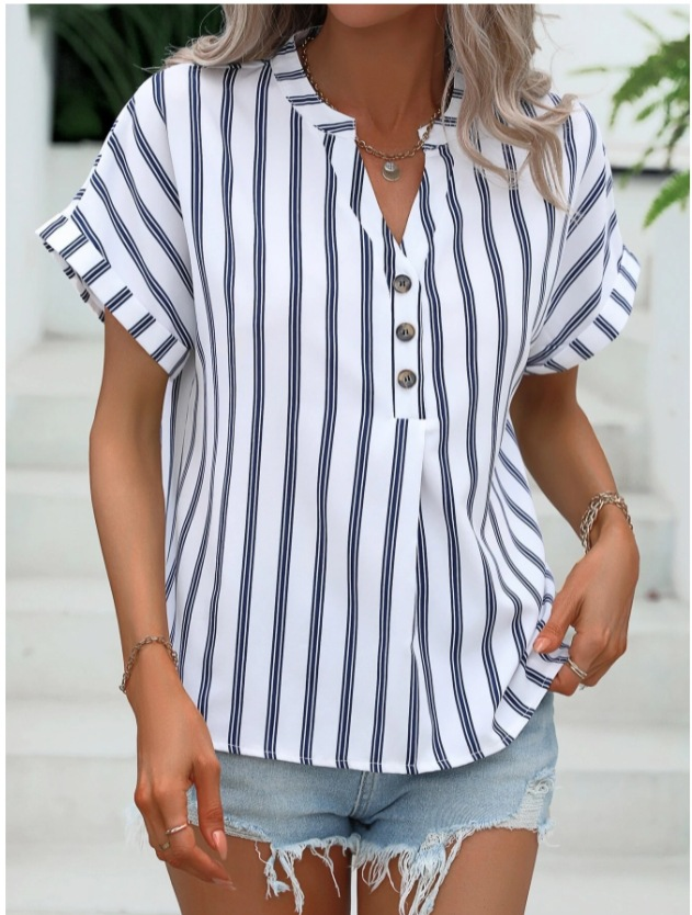 Striped V Neck Short Sleeve Button Casual Going Out Shirt