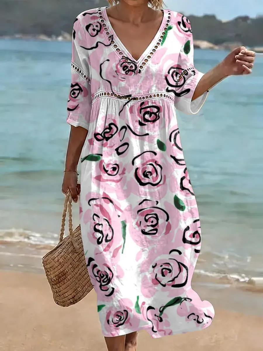 Cotton Blend Abstract Floral Printed V Neck Short Sleeve Lace Summer Going Out Elegant Casual Dress