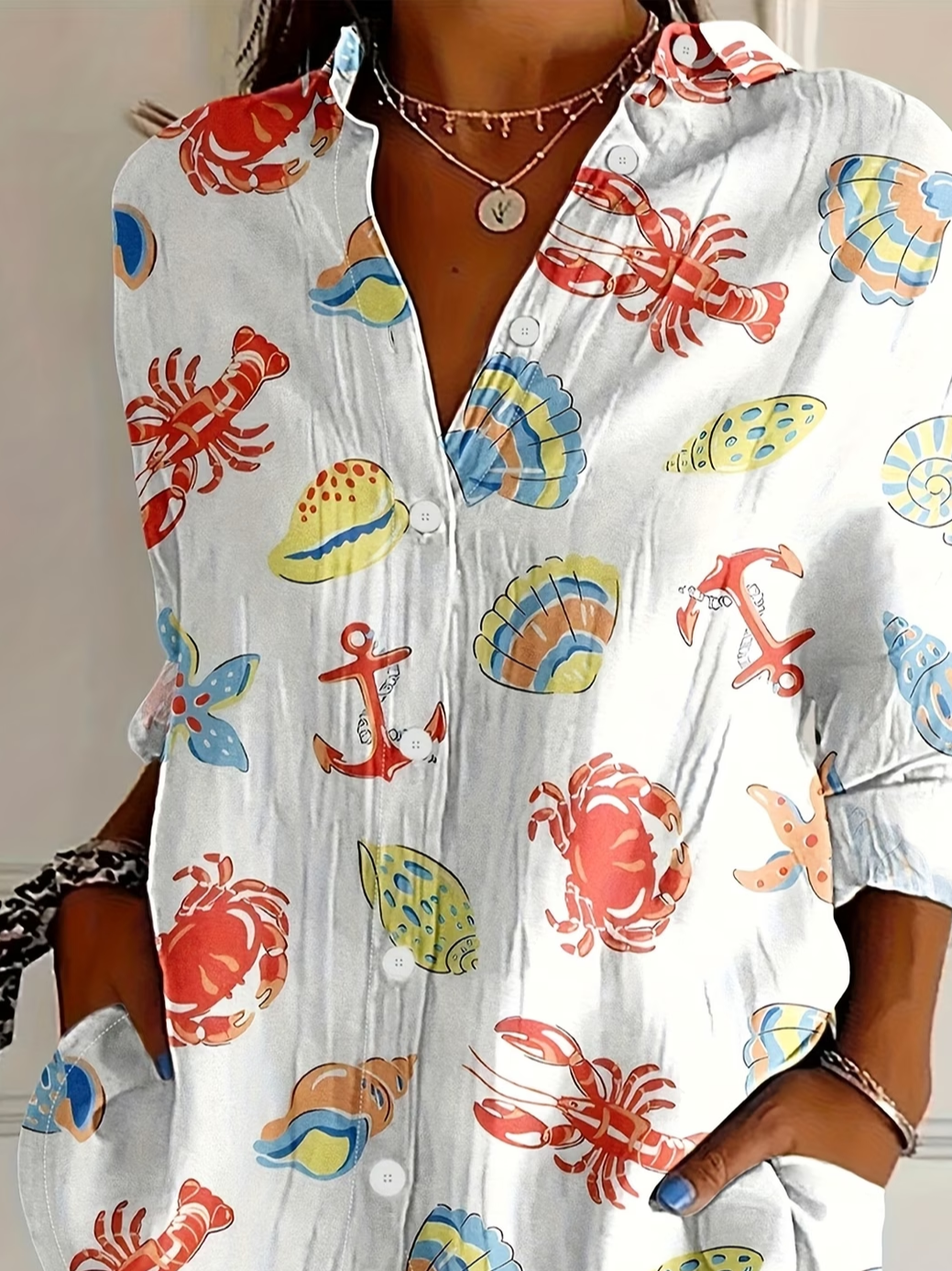 Women's Long Sleeve Shirt Spring/Fall White Marine Life Buckle Shirt Collar Regular Sleeve Daily Going Out Casual Top