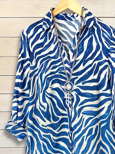 Women's Long Sleeve Shirt Spring/Fall Blue Abstract Buckle Shirt Collar Regular Sleeve Daily Going Out Casual Top