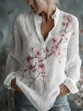 Women's Vintage Flowers Printed Linen Long Sleeve Shirt