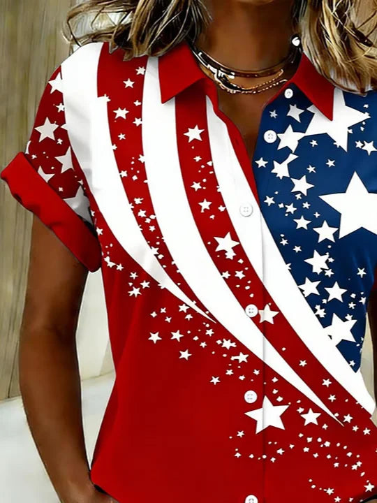 Women's Short Sleeve Shirt Summer Red America Flag Printing Shirt Collar Daily Going Out Casual Top