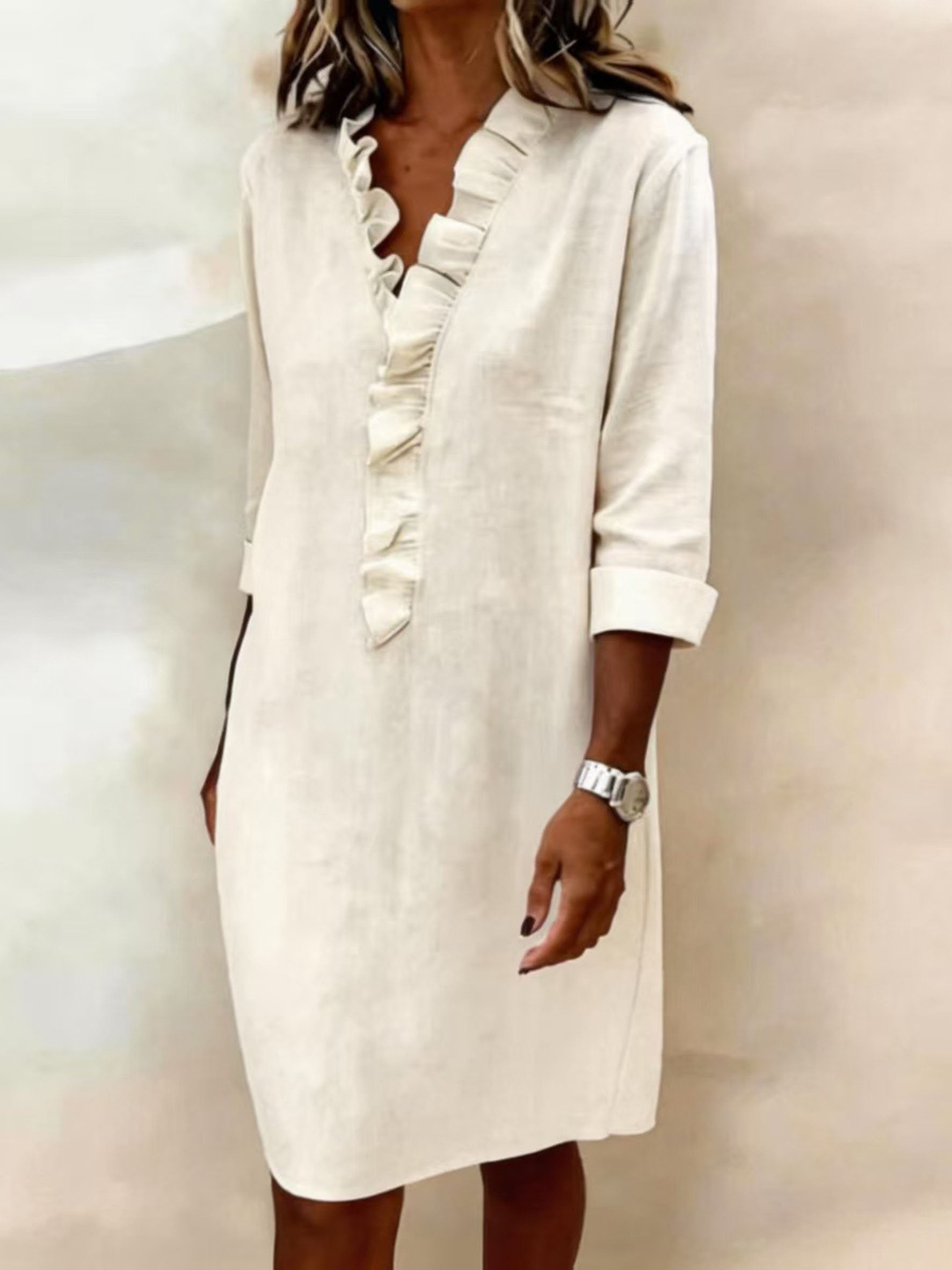 Casual Plain Cotton Blend Half Sleeve Ruffle Detail V Neck Going Out Elegant Shirt Dress