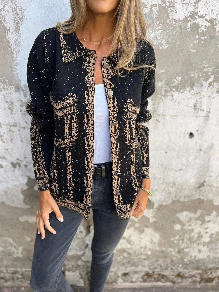 Shawl Collar Random Print Urban Printing Autumn And Winter Lapel Knitted Jacket With Mixed Color Metal Buttons Jacket