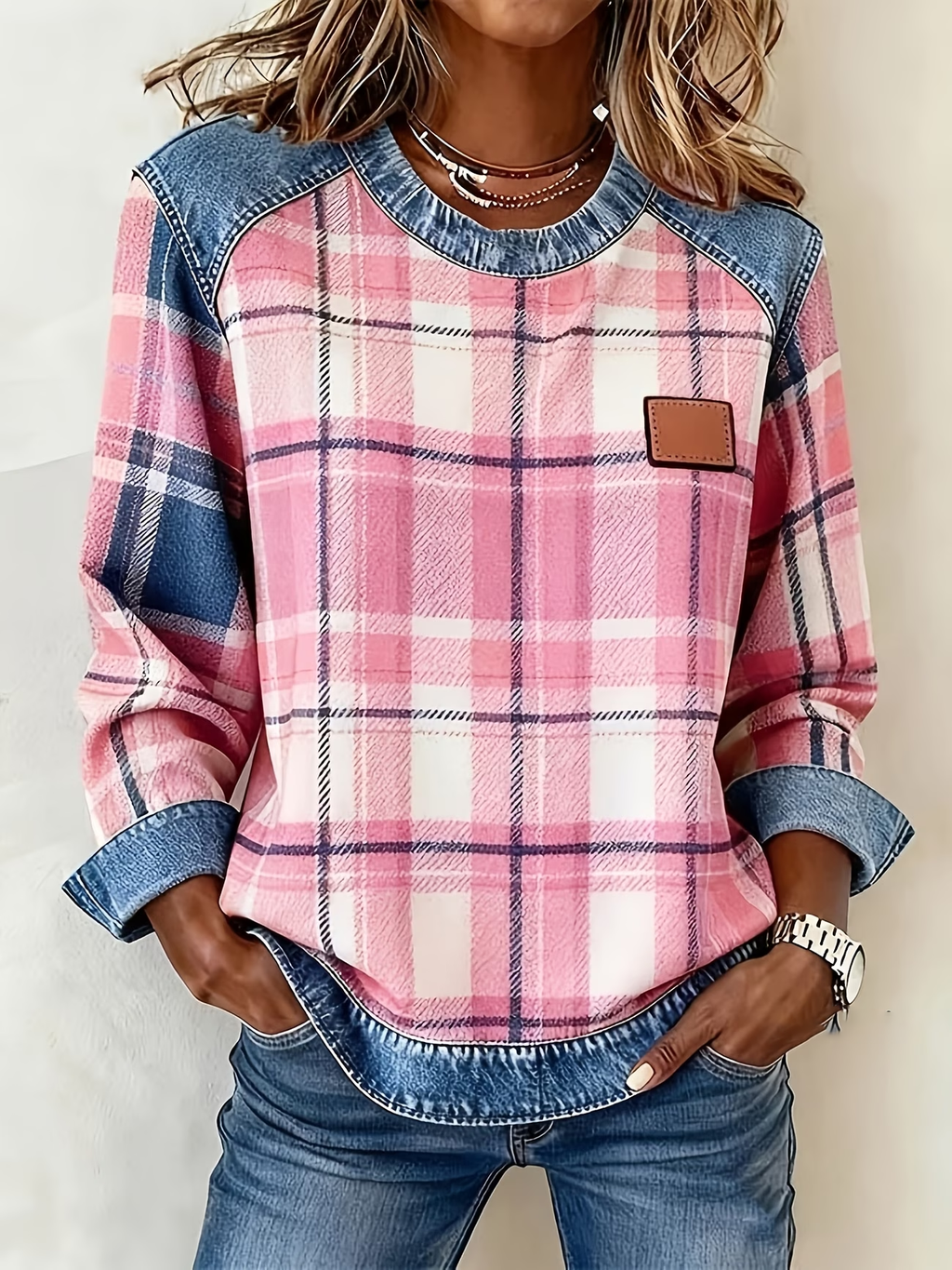 Women's Plaid Print Patchwork Denim Crewneck Long-Sleeved Sweatshirt
