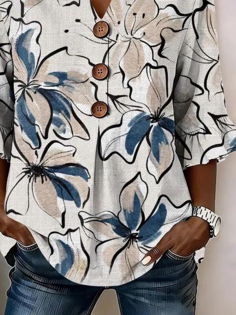 Women's Half Sleeve Blouse Summer As Picture Floral Printing V Neck Daily Going Out Vintage Top