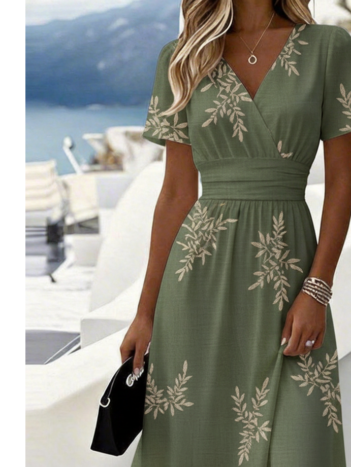 V Neck Elegant Leaf Dress With No