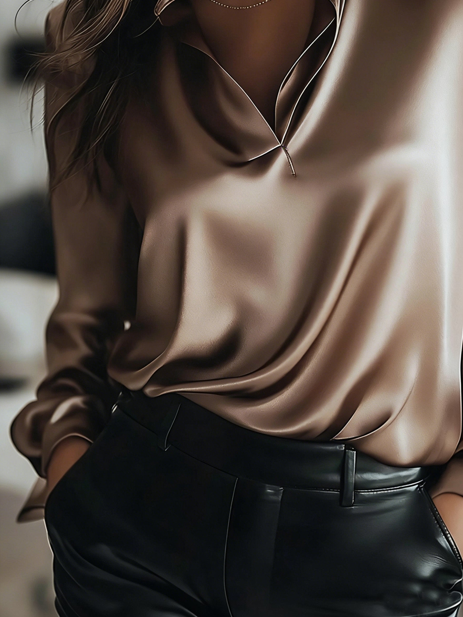 Satin Plain Long Sleeve V-Neck Elegant Regular Fit Casual Shirt