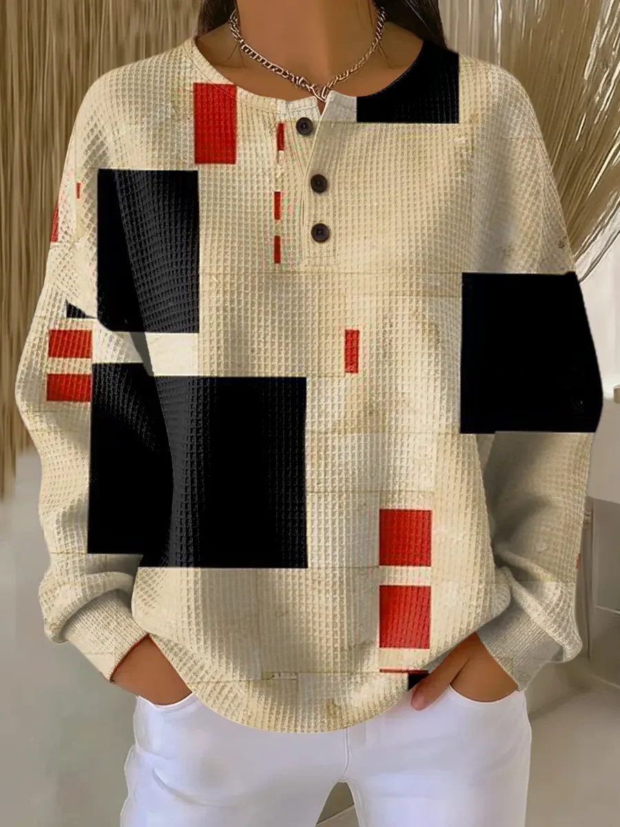 Women's Abstract Print Button-Up Casual Waffle Knit Sweatshirt