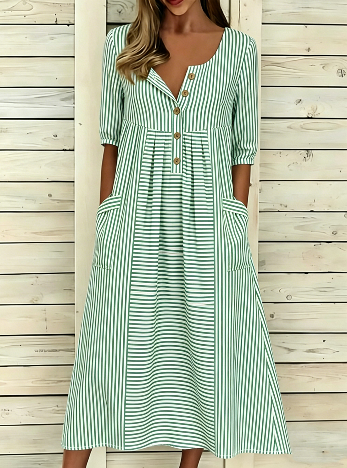 Loose Striped Vintage Half Open Collar Dress With No