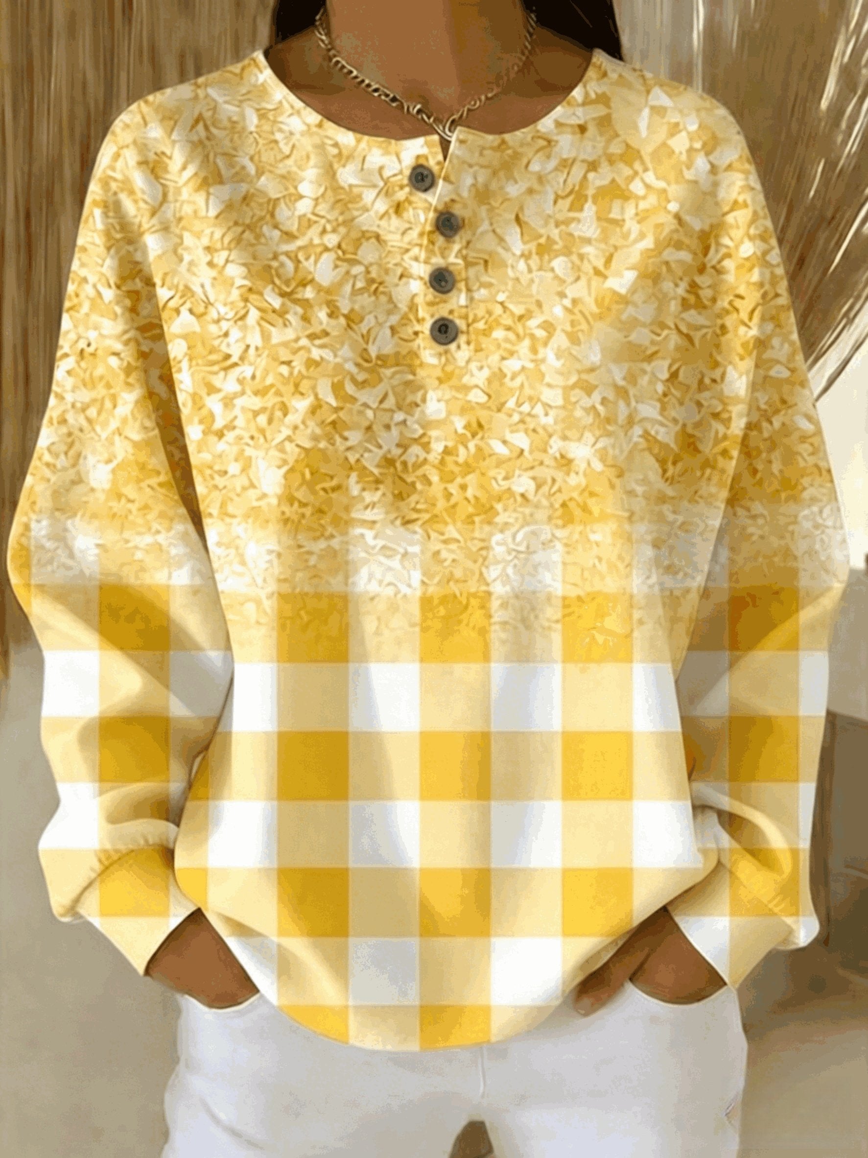 Women's Pink Ombre & Gingham Print Long Sleeve Henley Neck Casual Sweatshirt with Buttons