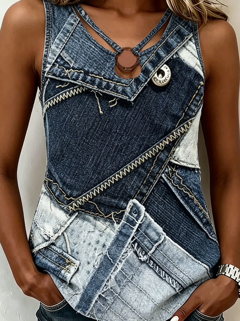 Others Elegant Loose Faux Denim Print Graphic Tank Top