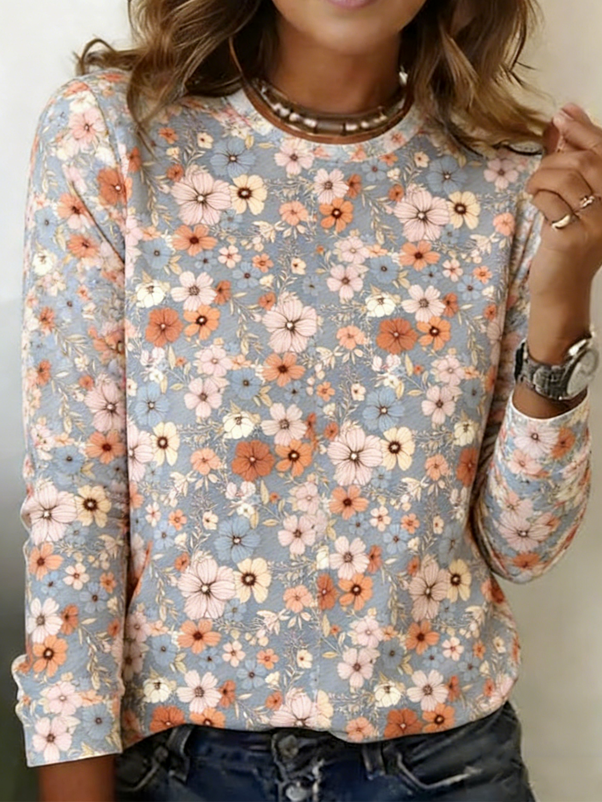 Simple Floral Crew Neck Cotton-Blend T-Shirt