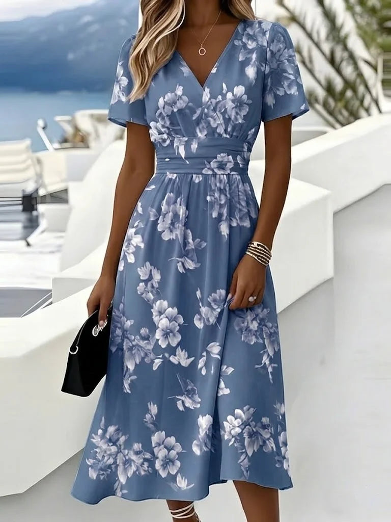 Women’s Light Blue Floral Print Wrap V Neck Midi Dress Boho Summer Dress