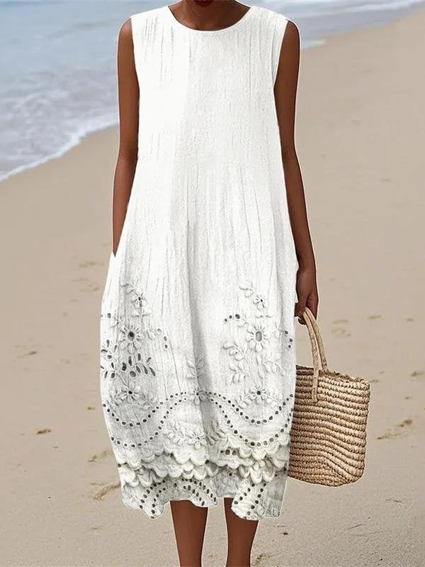 Cottage Floral Lace Embroidered Flowy Linen Tank Dress
