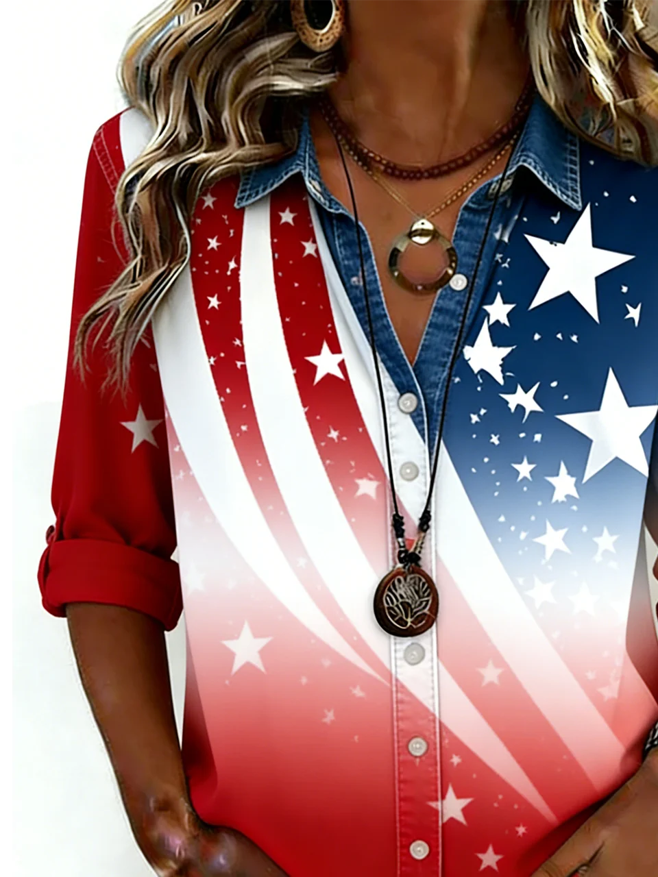 Casual Faux Denim Print Graphic Others Loose Shirt