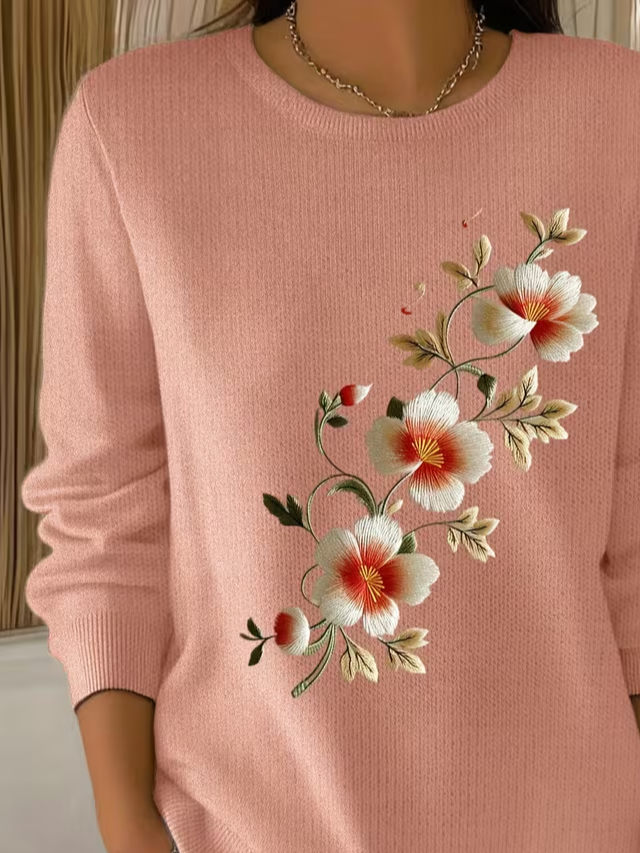 Floral Printing Crew Neck Simple Sweater
