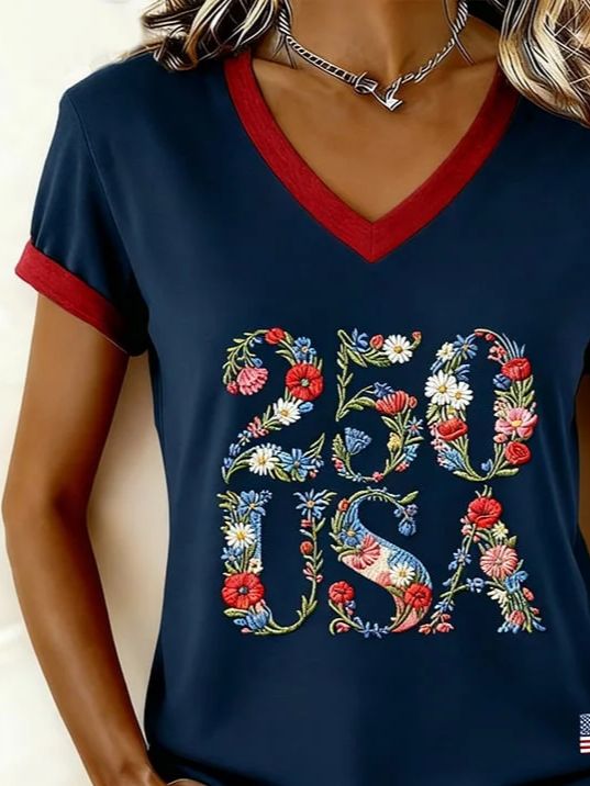 Women's Short Sleeve T-shirt Summer Black Independence Day (Flag) Printing V Neck Holiday Going Out Vintage Top
