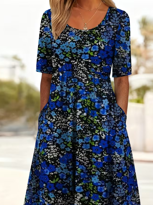Women's Short Sleeve Summer Blue Floral Printing Crew Neck Daily Going Out Casual Maxi H-Line Shift Dress Dress