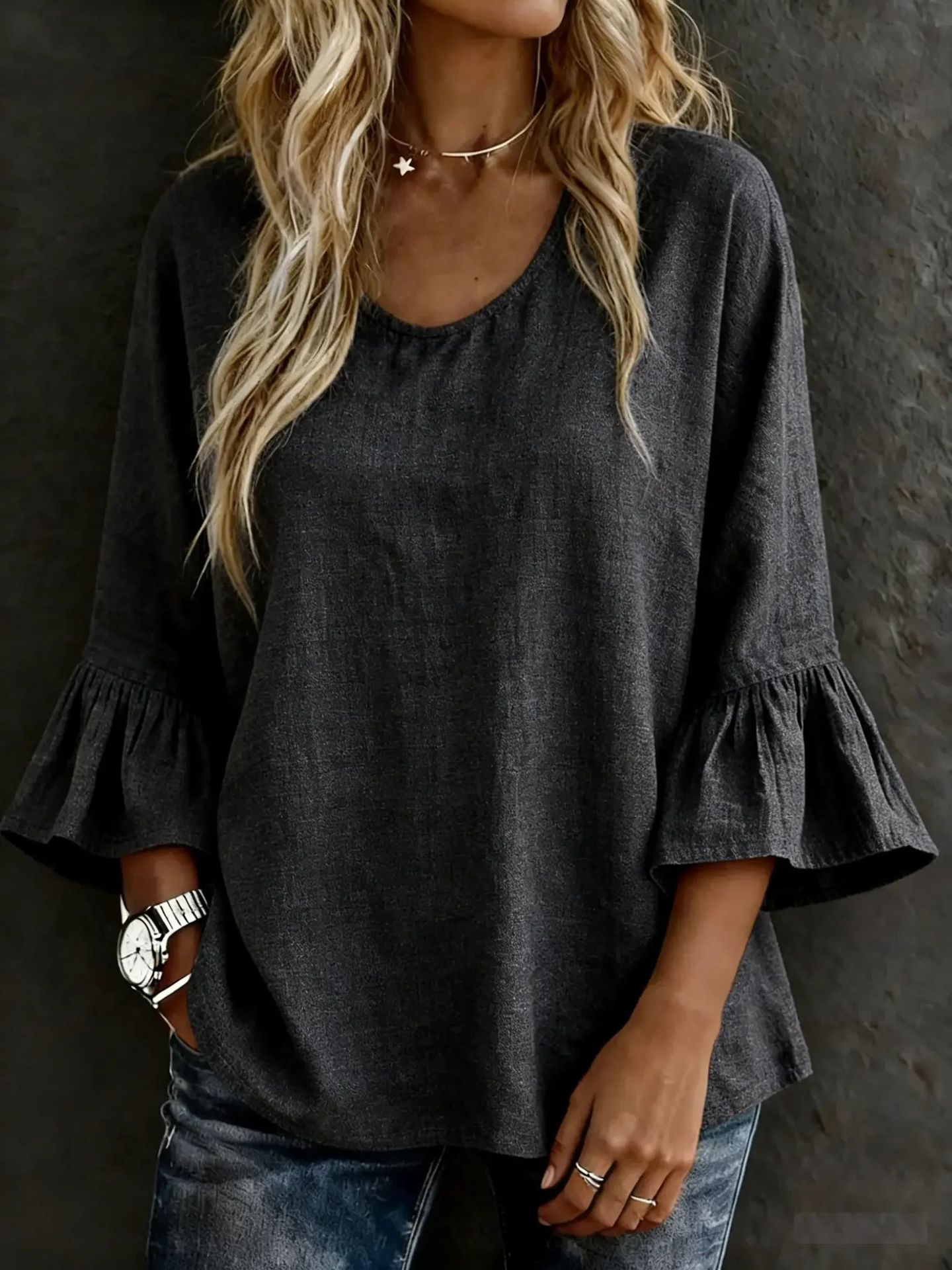 Casual Cotton Blend V Neck The Quarter Sleeve Ruffle Cuff Daily Going Out Casual Top