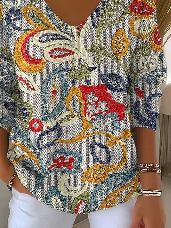 Women's Long Sleeve T-shirt Spring/Fall Gray Floral Printing V Neck Daily Going Out Casual Top