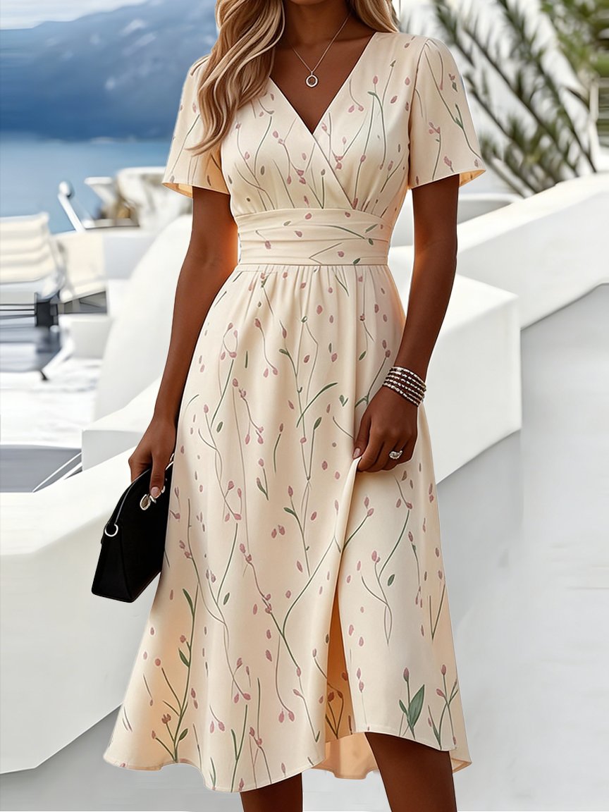 Women Leaf Summer Dress V Neck Short Sleeve Beach Dress A-Line Dress