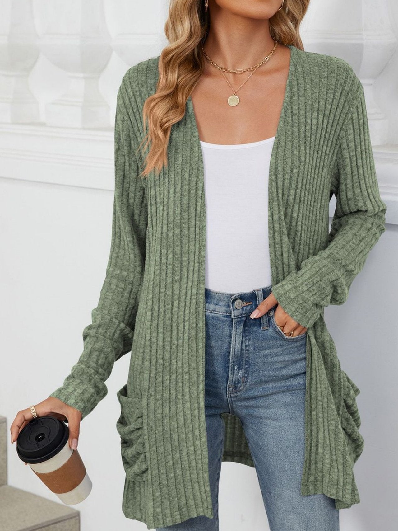 Cotton-Blend Loose Simple New Autumn And Winter Solid Color Casual Pocket Long-sleeved Warm Knitted Cardigan
