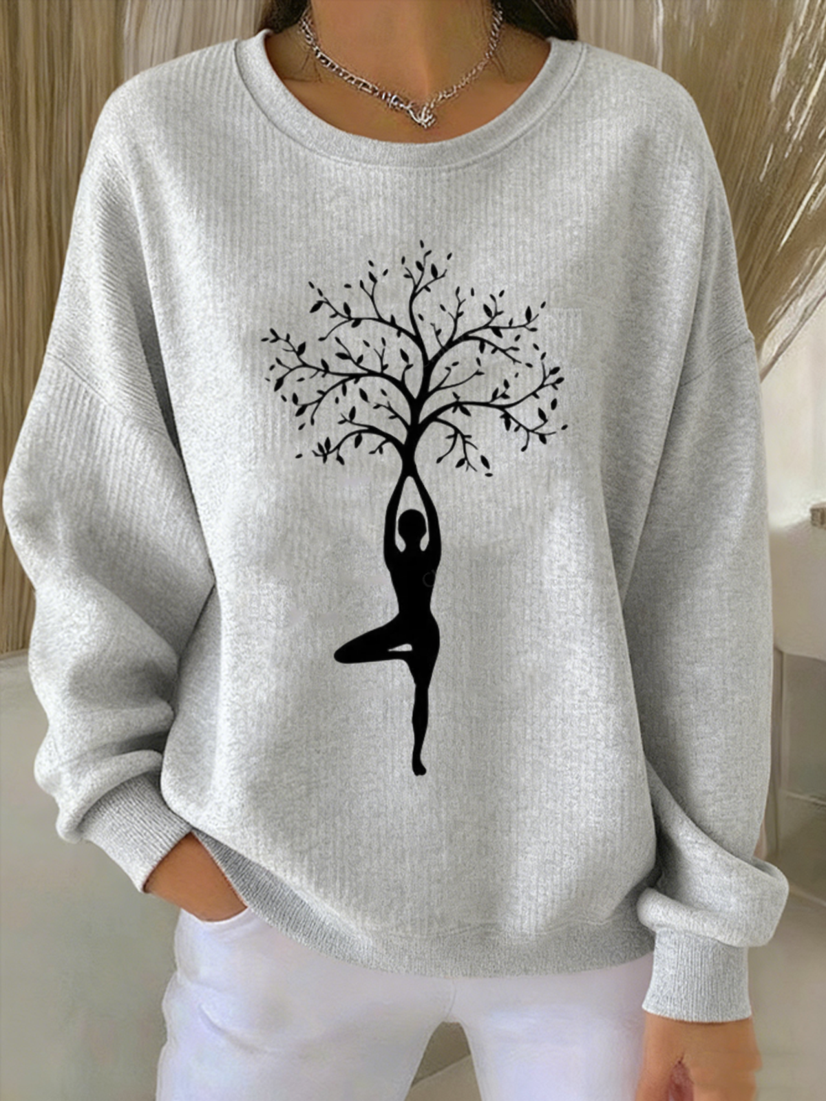 White Crew-Neck Sweatshirt with Yoga Tree Pose Graphic