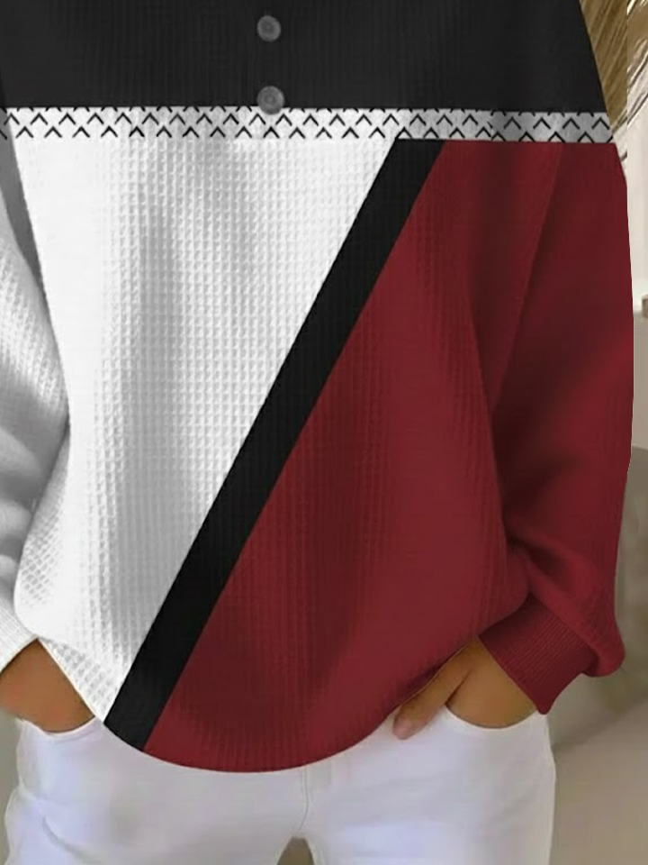 Women's Abstract Print Button-Up Casual Waffle Knit Sweatshirt