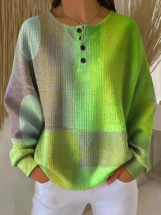Women's Abstract Print Button-Up Casual Waffle Knit Sweatshirt