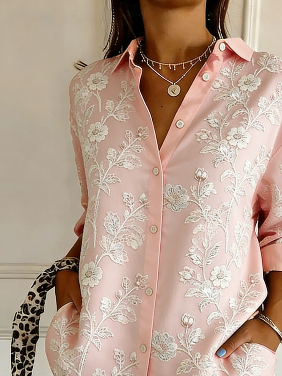 Shirt Collar Floral Simple Loose Shirt