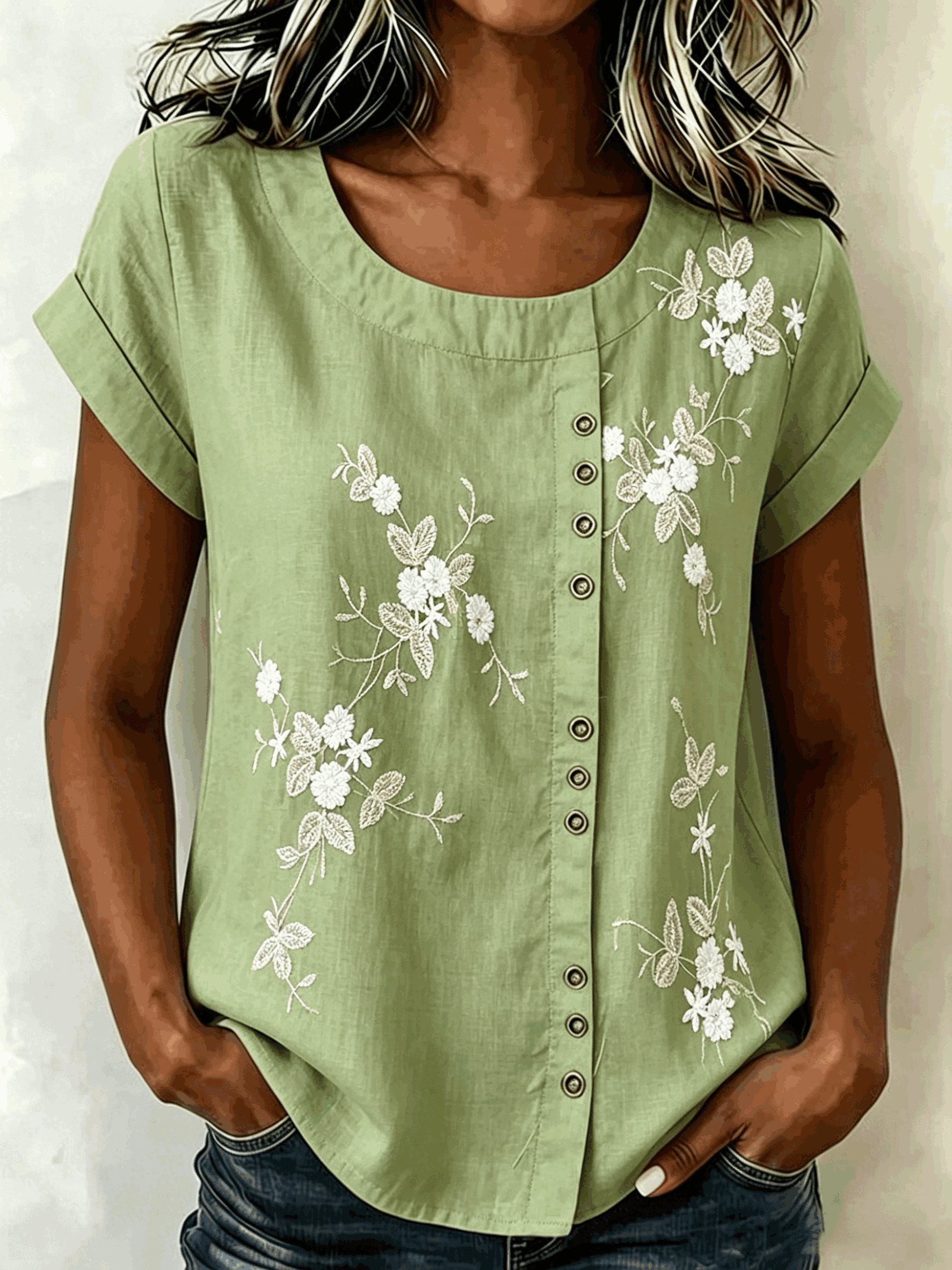 Women's 3D Floral Print Blouse Casual Short Sleeve Crew Neck Loose Button Down Shirt