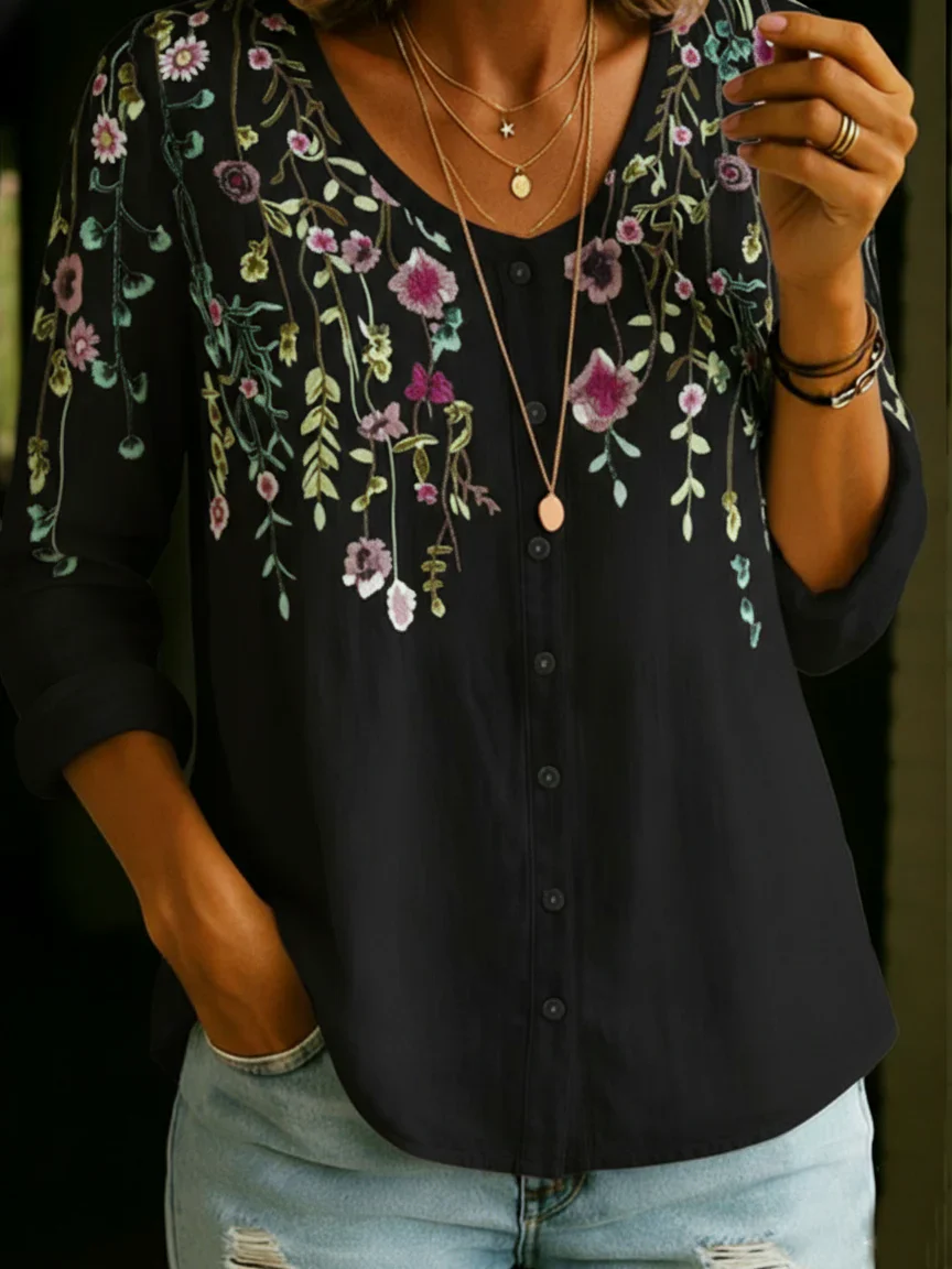 Women’s 3D Floral Print Button-Up Long Sleeve blouse