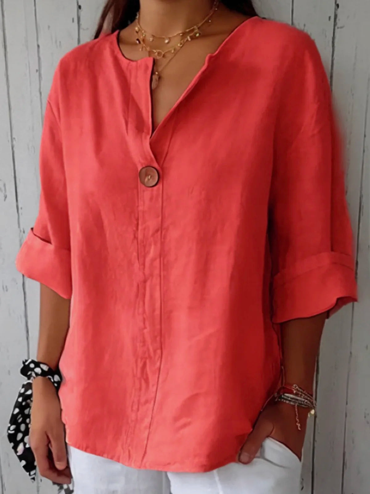 Cotton Loose V Neck Casual Blouse