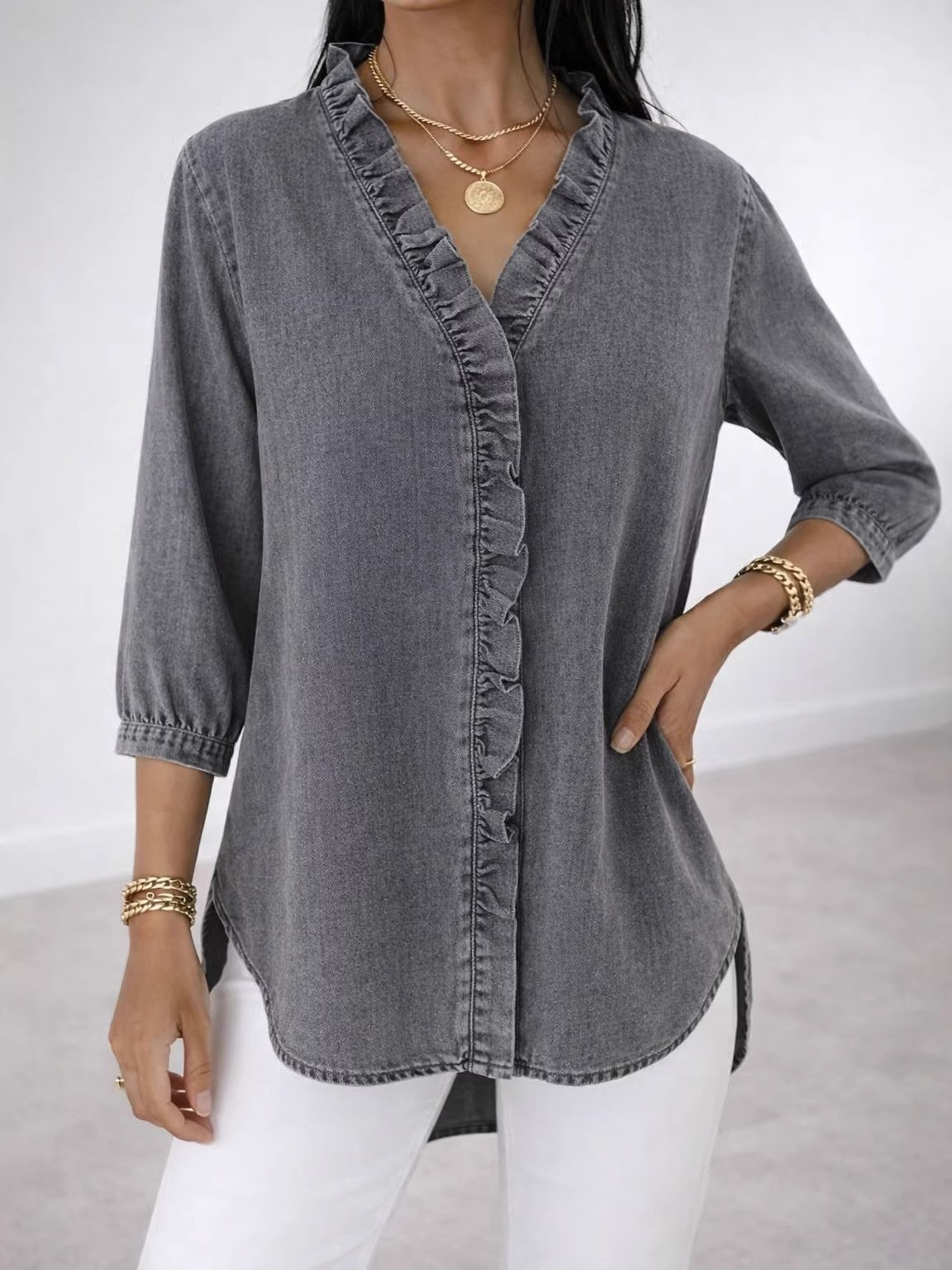 Denim Look/DenimEffect The Quarter Sleeve V Neck Ruffle Spring Summer Casual Blouse
