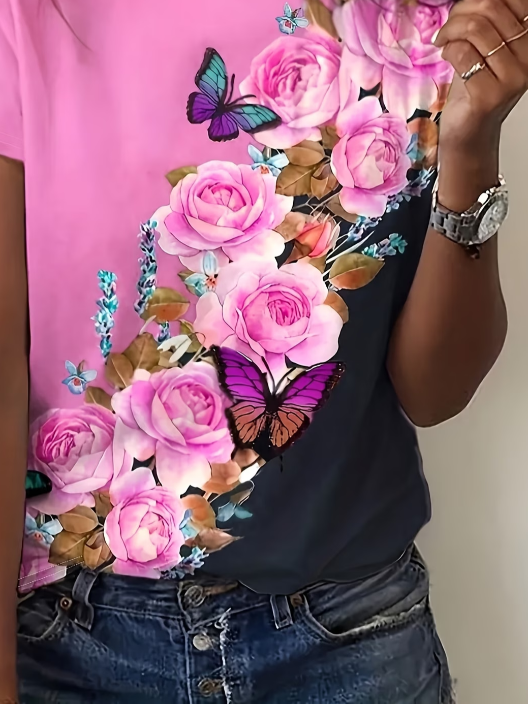 Women's Short Sleeve T-shirt Summer Pink Floral Printing Jersey Crew Neck Daily Going Out Casual Top