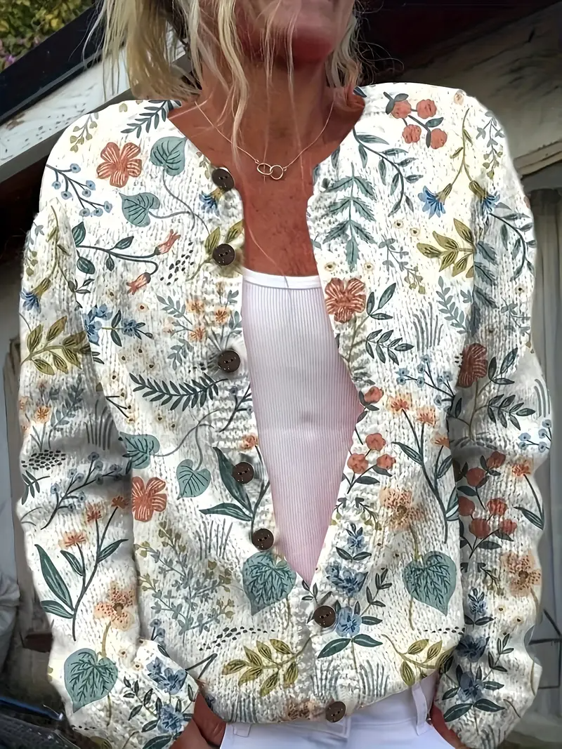 Women's Floral Print Cardigan White Multicolor Flower Print Long Sleeve Button Down Knit Jacket