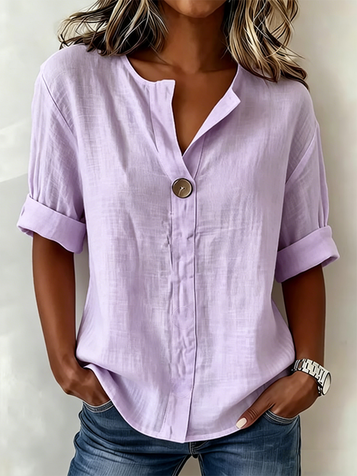 Solid White Henley Neck Button Front Short Sleeve Blouse