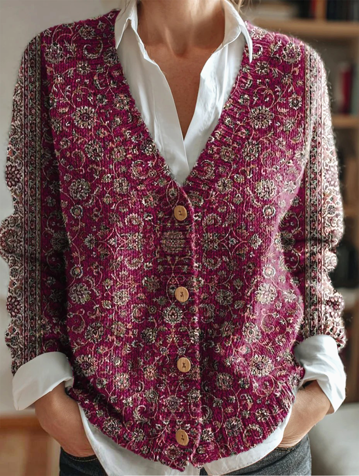 Vintage Ethnic Floral Art Print Buttoned V-neck Cardigan Sweater
