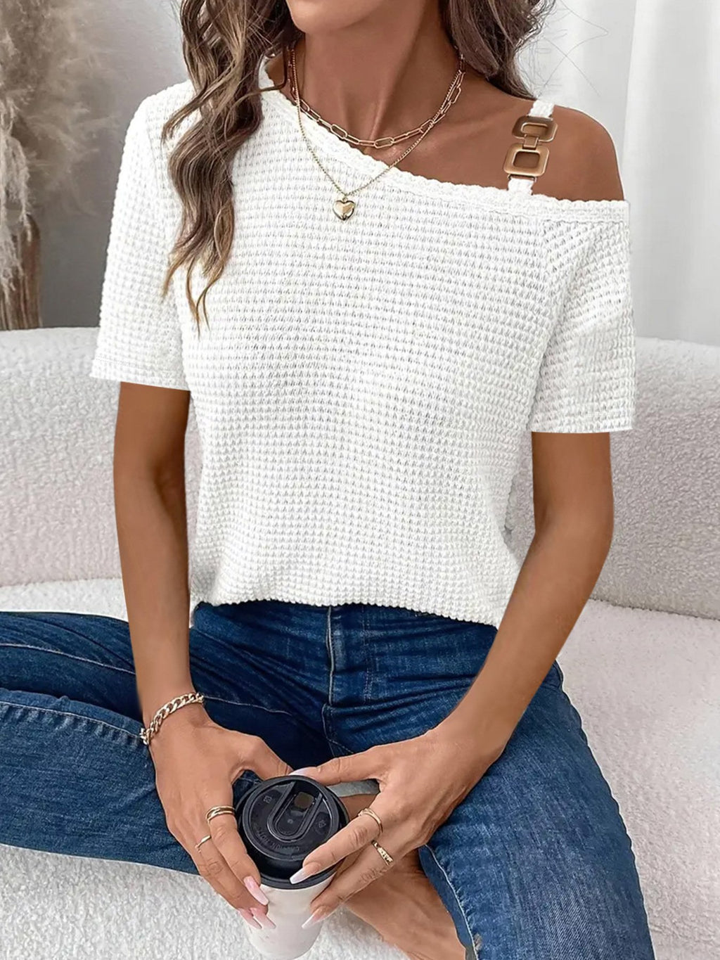 Women's Short Sleeve T-shirt Summer White Plain Split Joint Asymmetrical Daily Going Out Casual Top