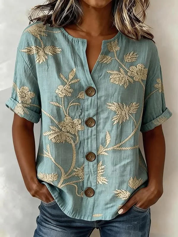 Women's Floral Print Linen Blend V-Neck Button Front Rolled Sleeve Blouse