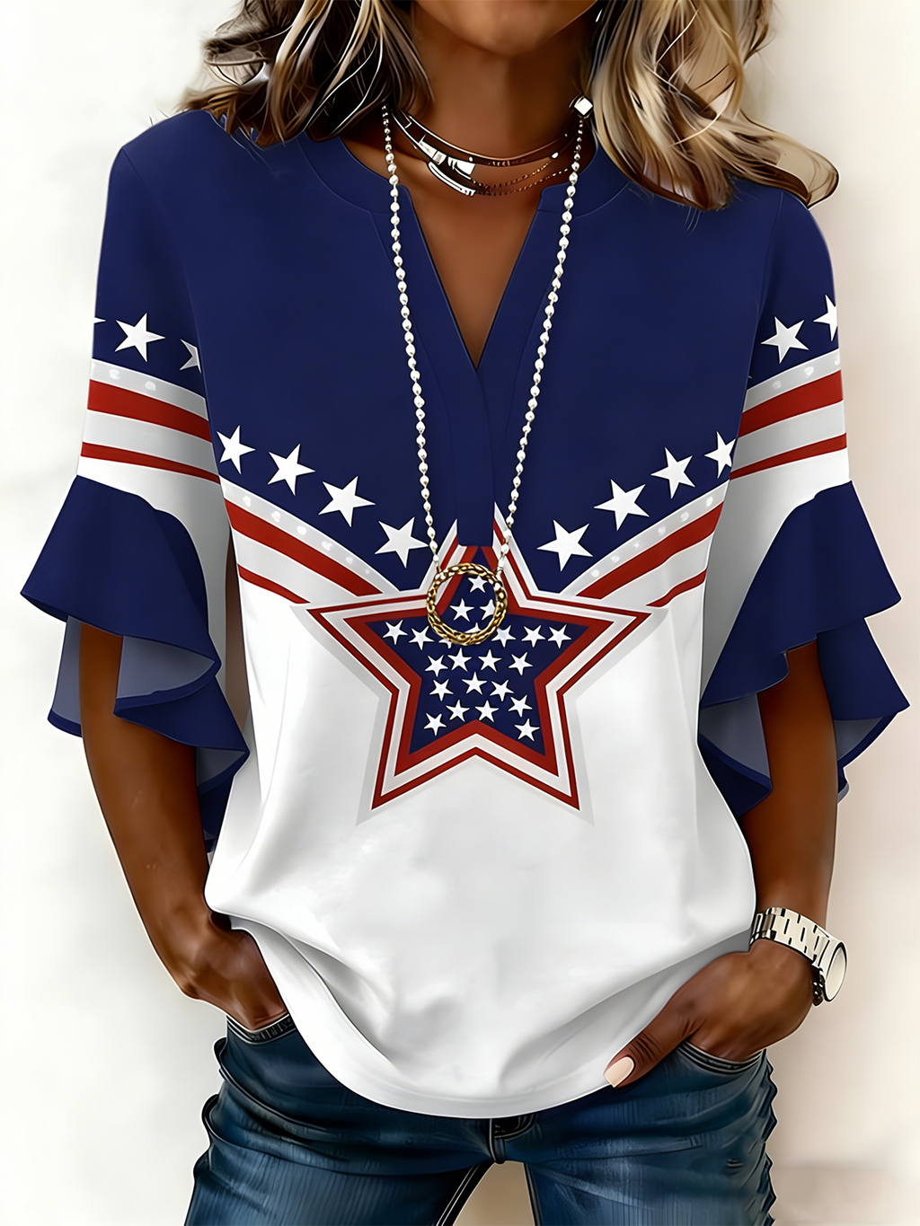 Women's V-Neck Multi-Layered Lace Design Shirt