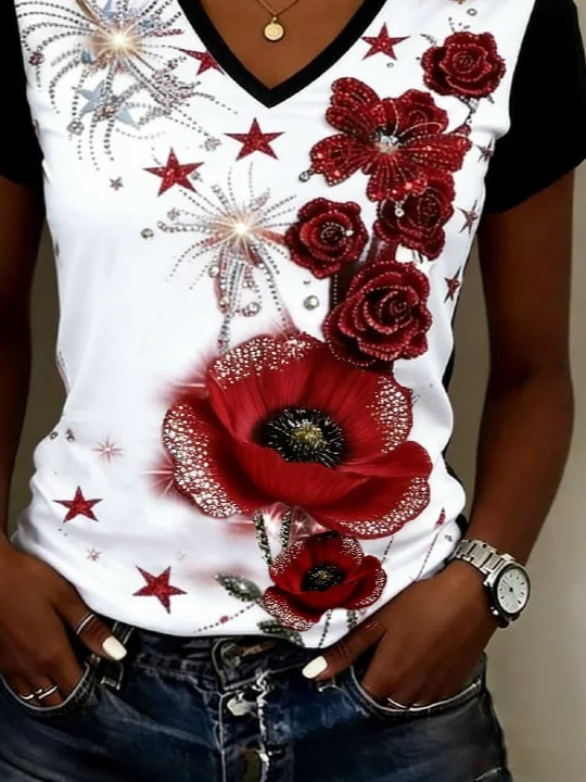 Women's Short Sleeve T-shirt Summer White Floral Printing V Neck Holiday Going Out Vintage Top