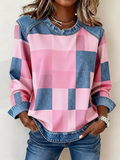 Women's Plaid Print Patchwork Denim Crewneck Long-Sleeved Sweatshirt