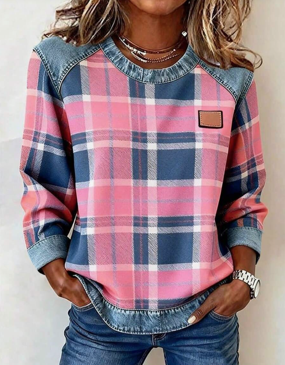 Casual Loose Crew Neck Plaid Sweatshirt