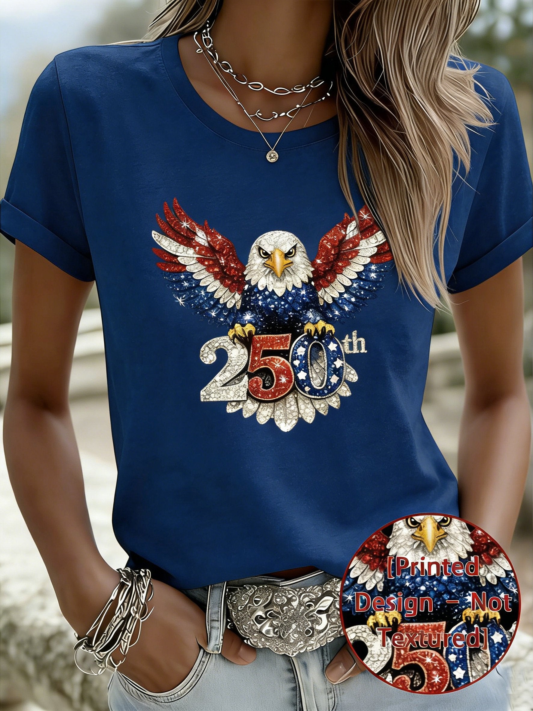 3D Printing Eagle Old Glory Round Neck Short Sleeve 250th Anniversary Vintage Casual T-Shirt